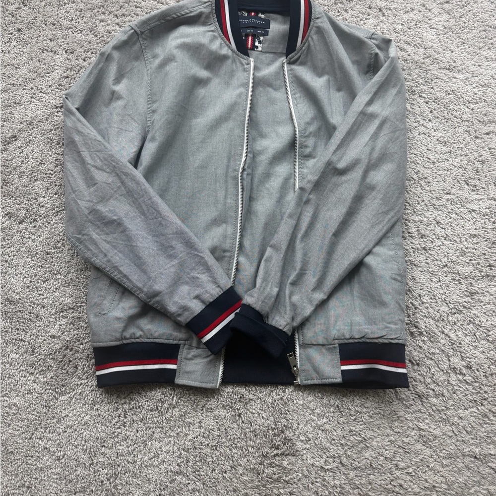 Denim & Flower Gray Bomber Jacket with Red and White Accents